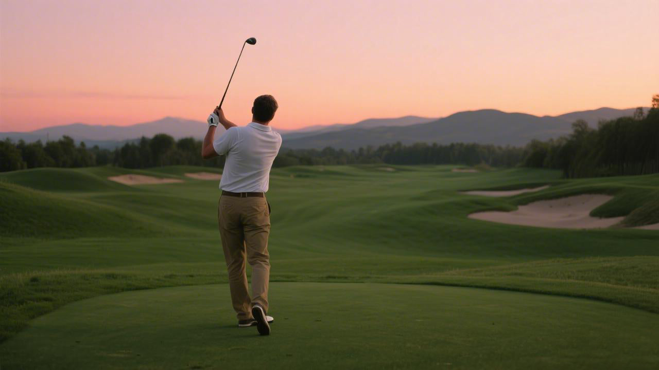 Golfer on a golf course at sunset with mountains in the background