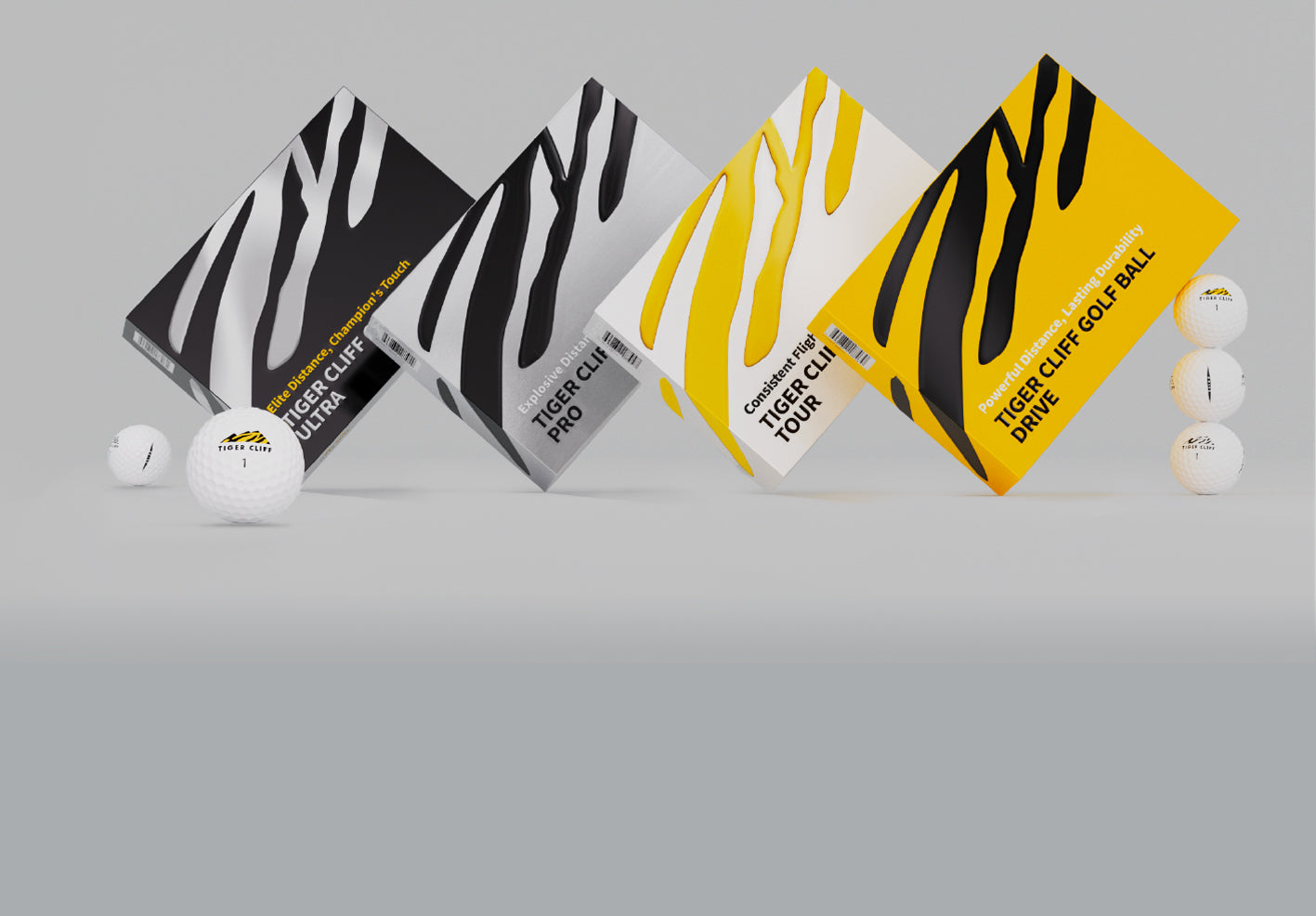 Tiger Cliff golf ball product lineup including Ultra, Pro, Tour, and Drive models with packaging.