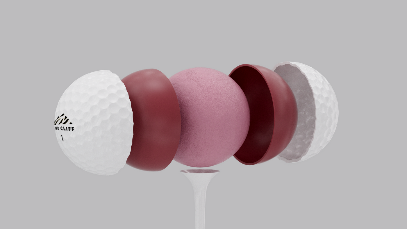 Exploded view of a Tour_11370989-3fc8-41b6-9ae7-fb08090435ce.png golf ball on a tee.