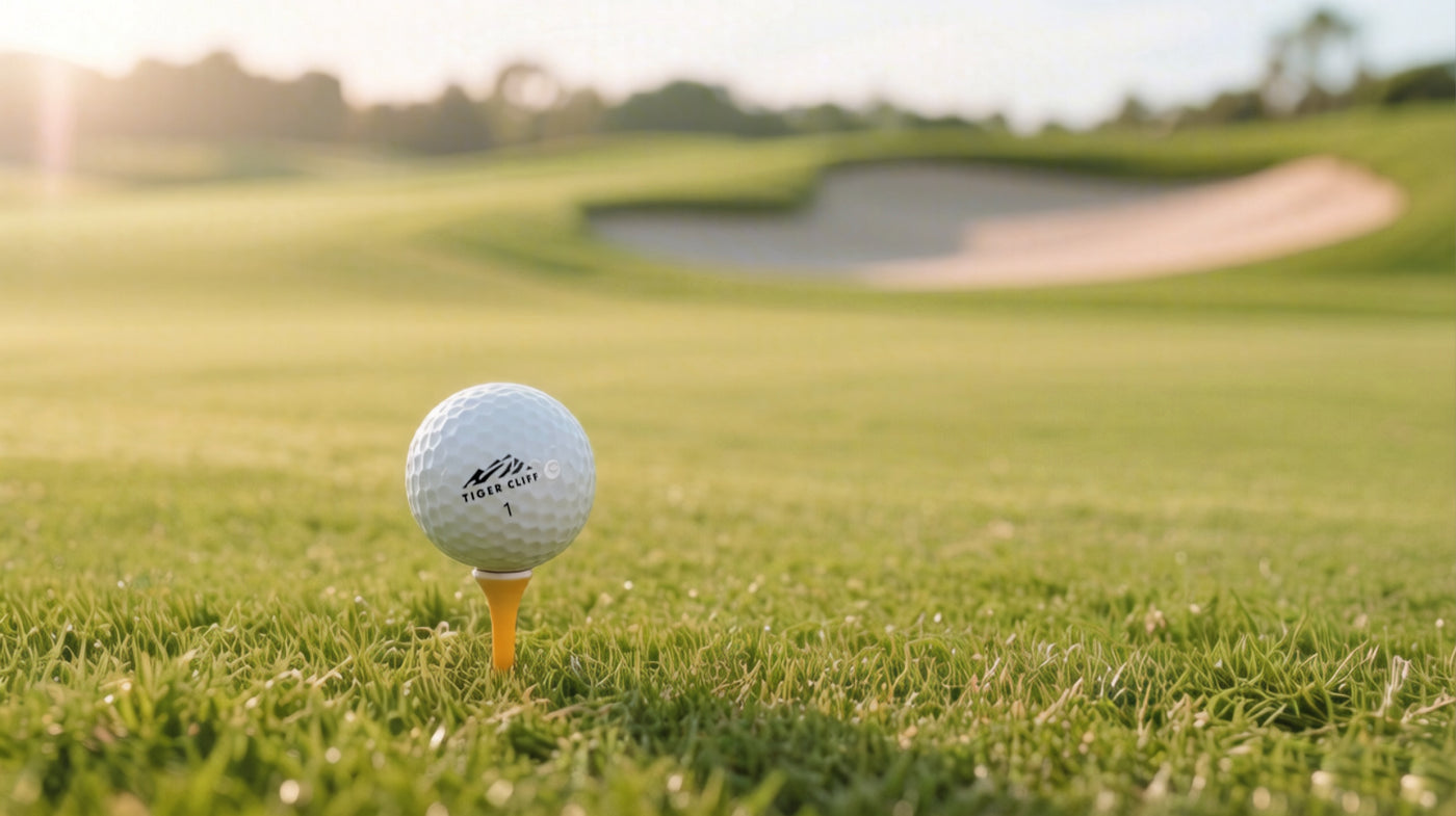 Golf ball on a tee in front of a golf course with a bunker and greenery.