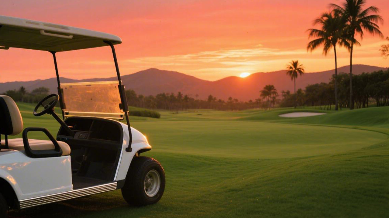 White golf cart on a green course at sunset. 0a895e06344ff1001c552e697fd5042e.jpg