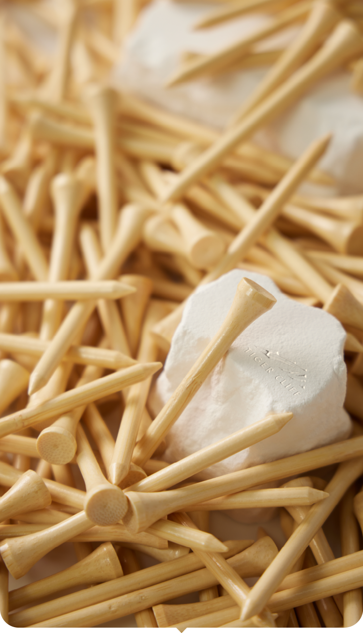 Close-up of wooden golf tees with a white ball on a wooden surface