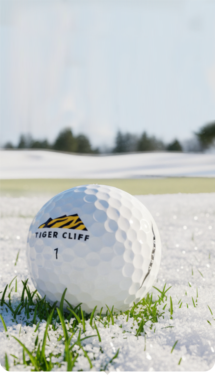 Golf ball with 'Tiger Cliff' branding on a snowy golf course
