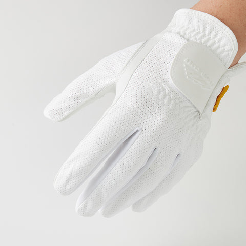 Hand wearing a white, perforated Tiger Cliff Gloves - Airy.