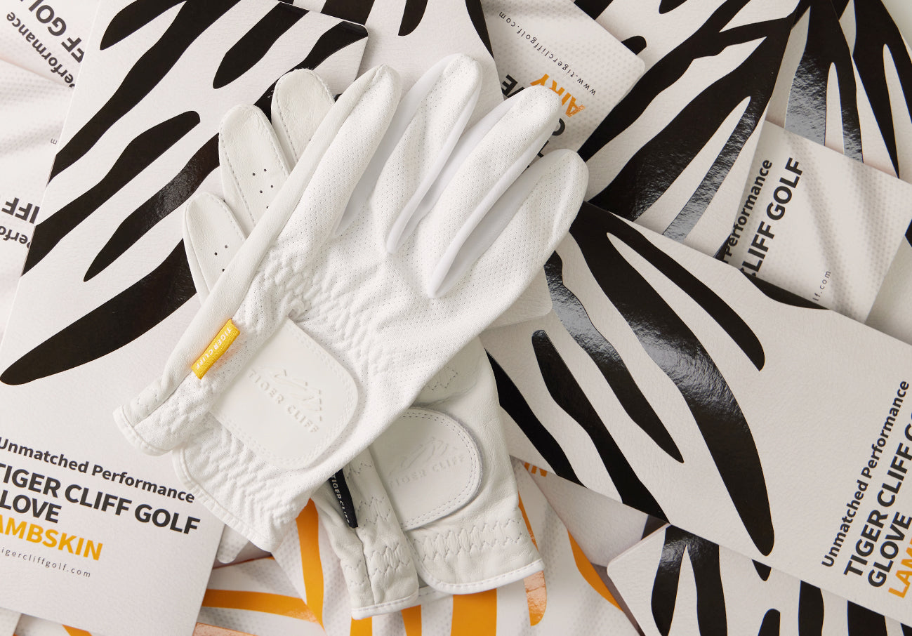 Tiger Cliff Golf glove on packaging. White lambskin.