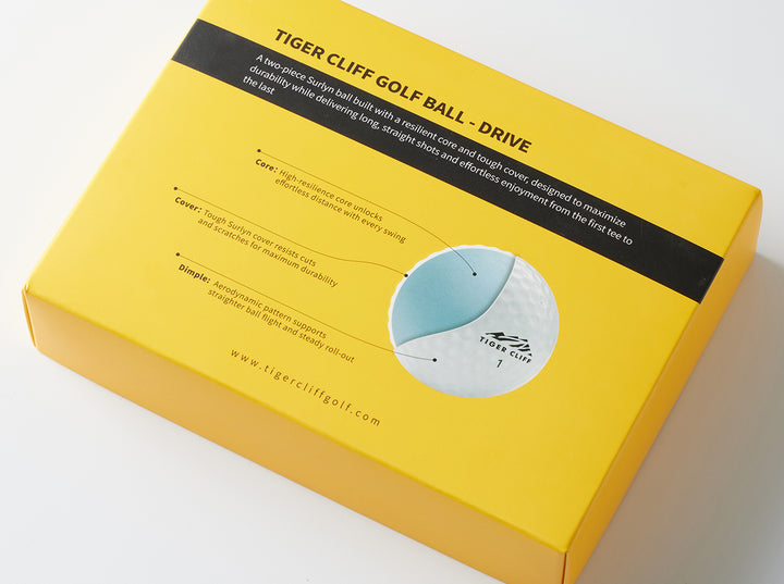 Box of Tiger Cliff golf balls, showing a diagram of the ball's core and cover.