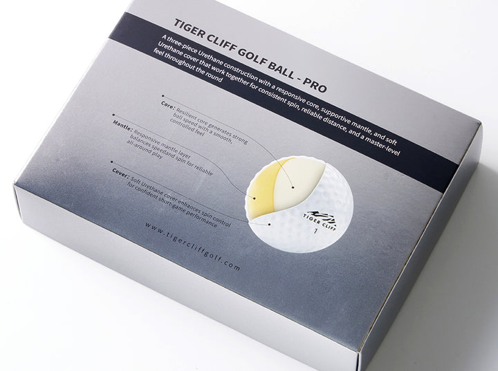 Box of Tiger Cliff Golf Ball - Pro, with a diagram of the ball's construction.