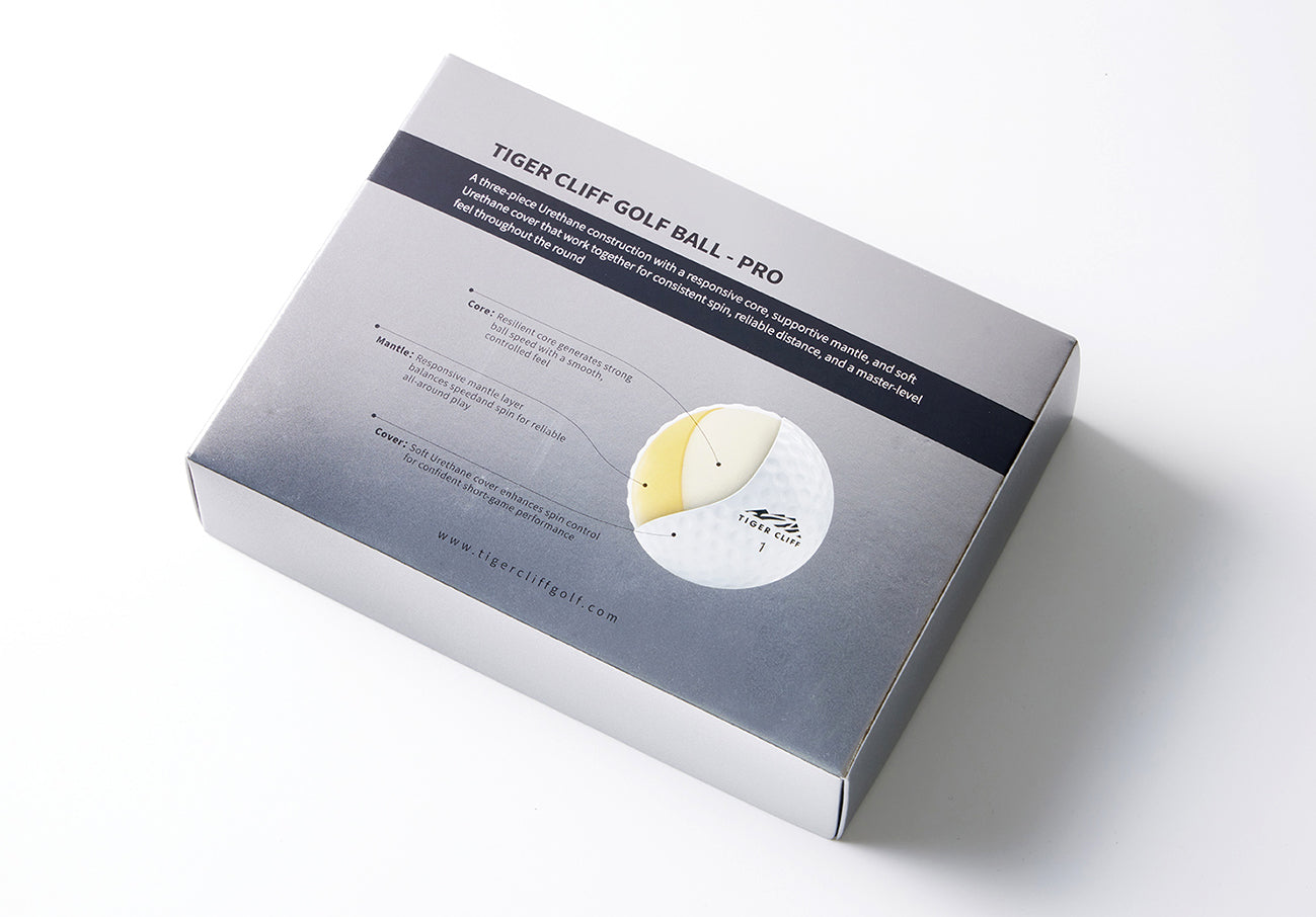 Box of Tiger Cliff Golf Ball - Pro with golf ball diagram.