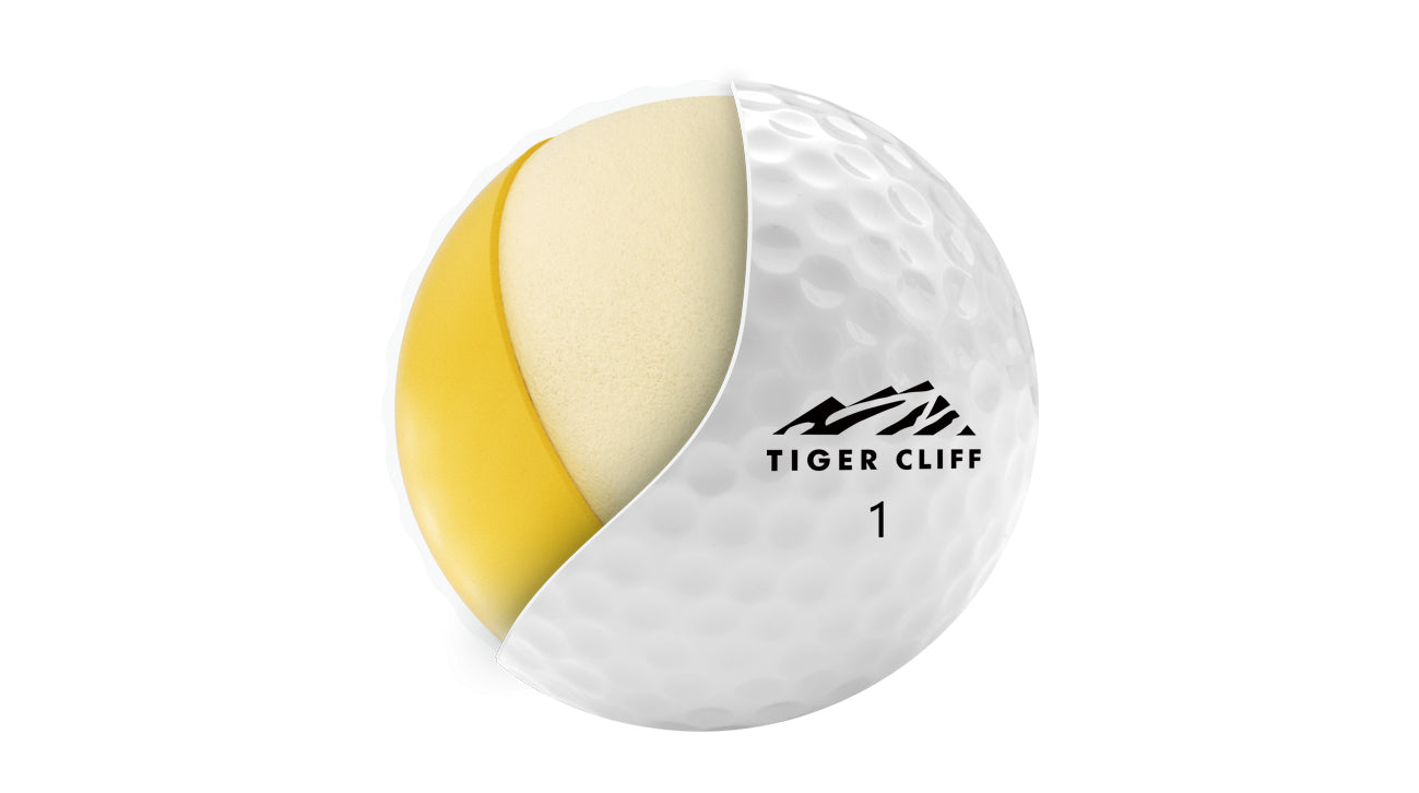 Golf ball with yellow and white design on a white background, featuring the 'Tiger Cliff' brand.