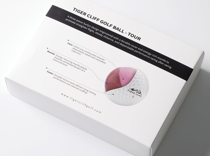Box of Tiger Cliff Golf Ball - Tour, showing the ball's inner layers.