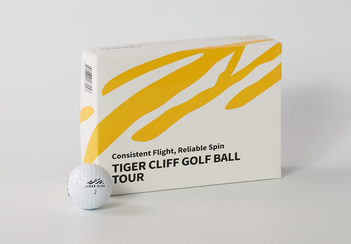 Tiger Cliff Golf Ball Tour packaging with a golf ball on a light gray background