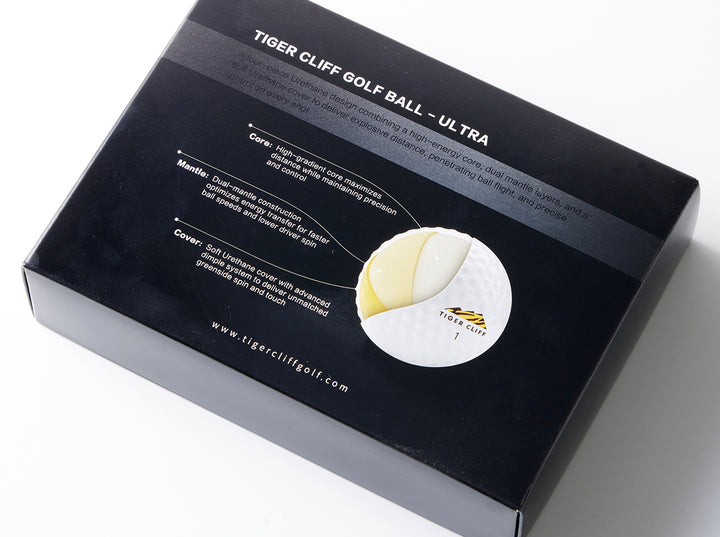 Box of Tiger Cliff Golf Ball - Ultra with a diagram of the ball's layers.